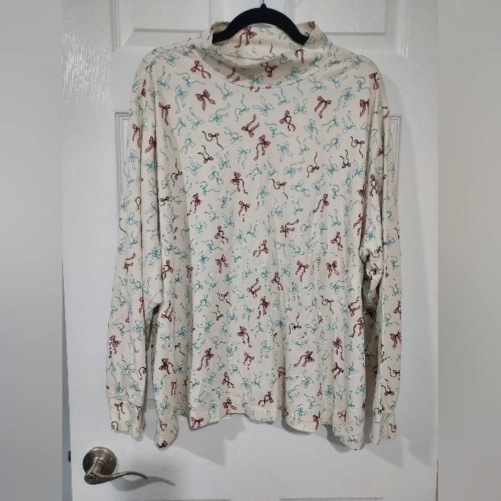 Lands' End Relaxed Fit Christmas Bows Long Sleeve Mock Turtle Neck Size 3X